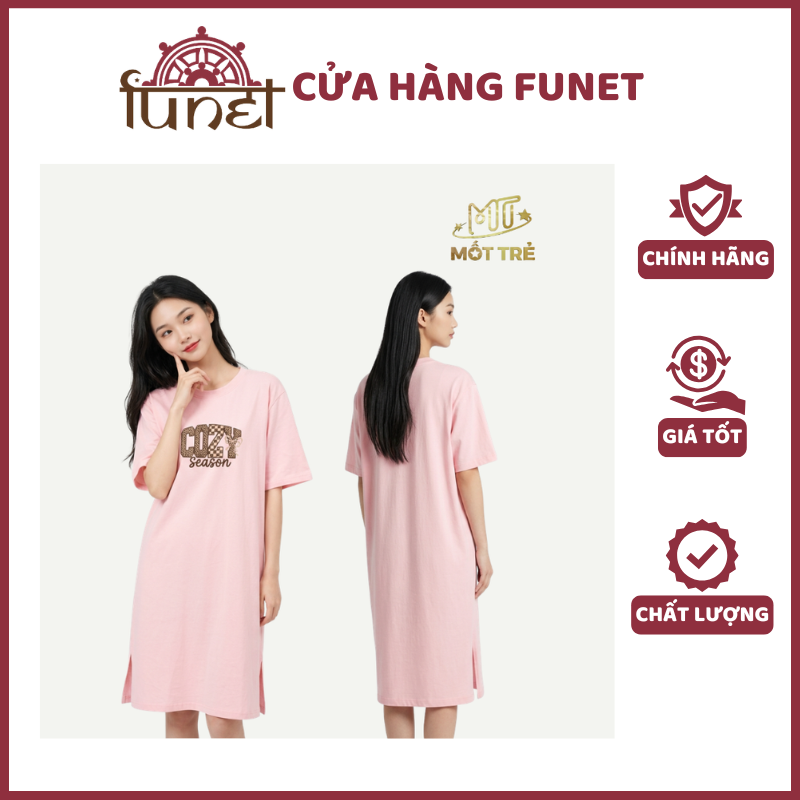 Đầm Suông Nữ Mốt Trẻ Cozy Season - Xẻ Tà In Chữ Cotton 250g Mềm Mịn Thoáng Mát - Ảnh 2